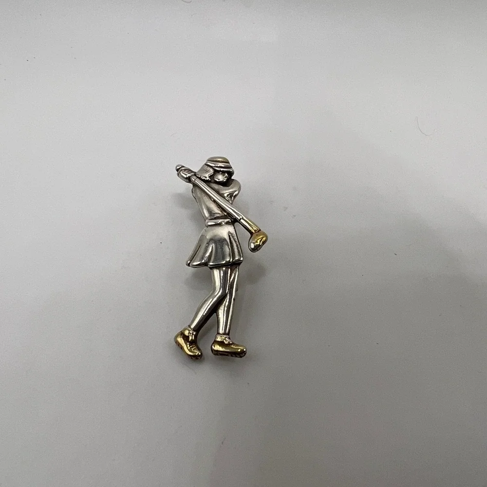 Vintage Sterling Silver 925‎ & Gilt Gold Accent Golfing Woman Pendant Brooch